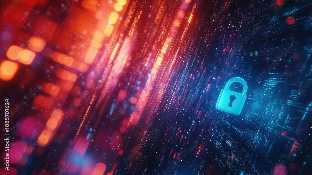 Obraz premium Abstract representation of digital security with a glowing padlock against a vibrant backdrop of colorful data streams and binary code for technology and privacy concepts
