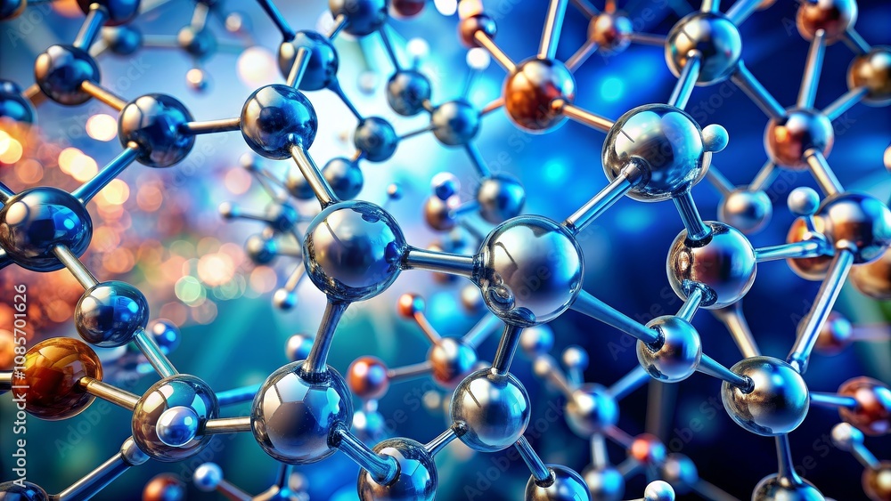 Metallic Molecular Structure with Blue and Orange Bokeh, molecular model, chemistry, 3d rendering Metallic Molecular Structure with Blue and Orange Bokeh, molecular model, chemistry, 3d rendering