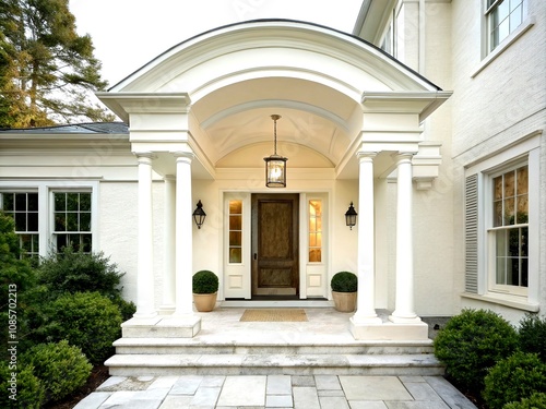 Elegant Minimalist Photography of a Front Door with a Stylish Portico Entrance Showcasing Modern Architectural Design and Serene Atmosphere of a Beautiful Home Exterior