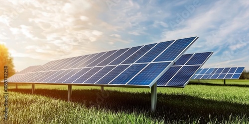 Large Solar Panel Installation in Bright Green Field Under Clear Blue Sky with Sunlight Illuminating Renewable Energy Technology and Nature