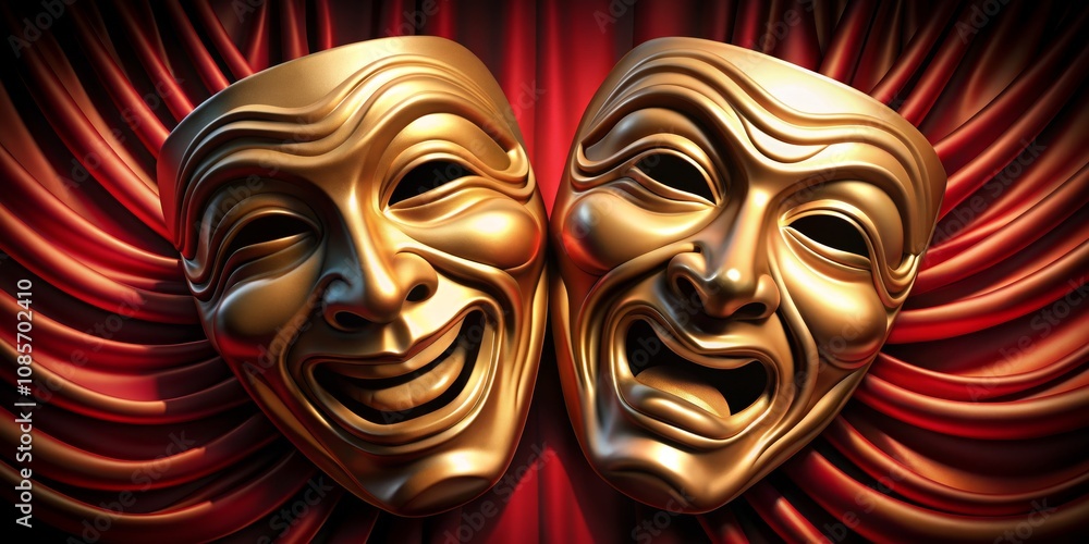 Golden Masks of Tragedy and Comedy on a Red Stage Curtain, 3D, Theater, Drama Golden Masks of Tragedy and Comedy on a Red Stage Curtain, 3D, Theater, Drama
