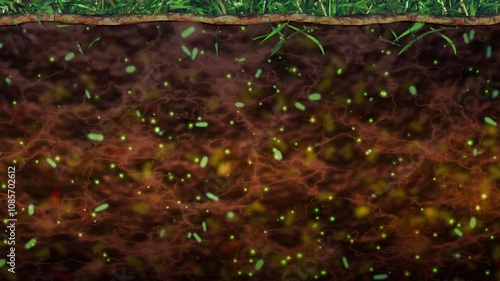 Soil microbiome. Bacteria, microbes in soil. Many micro-organisms moving about in soil. Microscopic life underground below the earth. 3d animation render