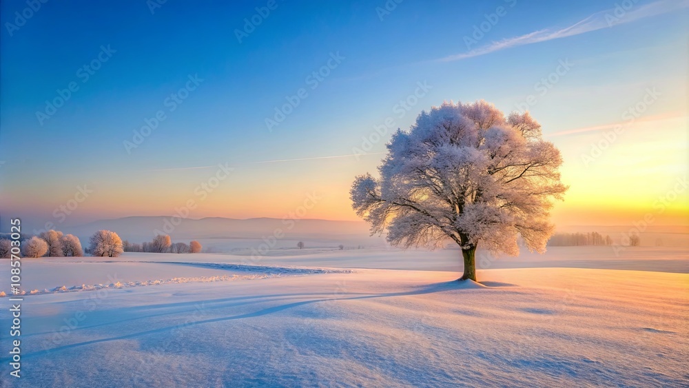 Serene Winter Landscape A lone frost-covered tree stands in a snow-covered field at sunrise Serene Winter Landscape A lone frost-covered tree stands in a snow-covered field at sunrise