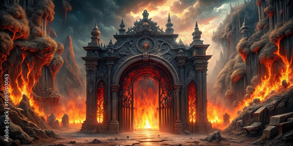 Gates of Fire A Digital Painting of an Ornate Archway Framed by Flaming Mountains, fantasy, hell, archway Gates of Fire A Digital Painting of an Ornate Archway Framed by Flaming Mountains, fantasy, hell, archway