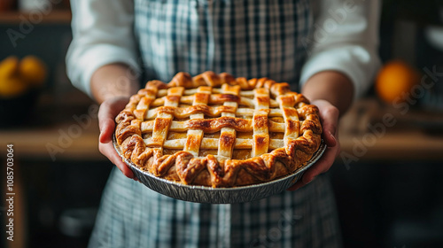 baker's hands holding a freshly baked pie showing the delicate craftsmanship and warmth of the creation with golden crust and a sense of satisfaction from a job well done photo