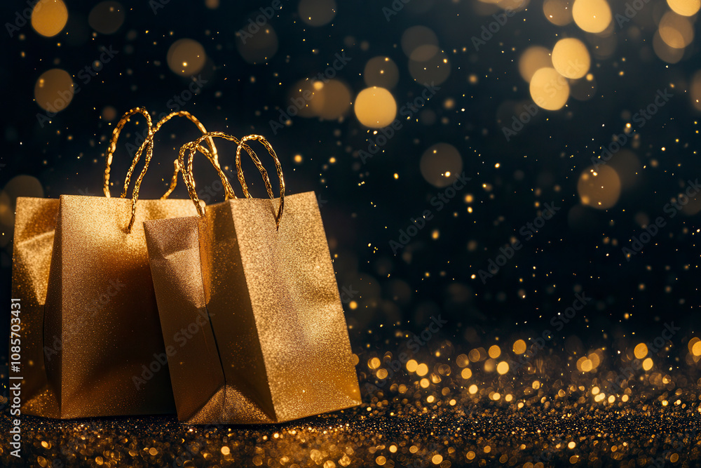 Golden gift bags with shimmering sparkles create a festive atmosphere for celebrations during the holiday season Golden gift bags with shimmering sparkles create a festive atmosphere for celebrations during the holiday season