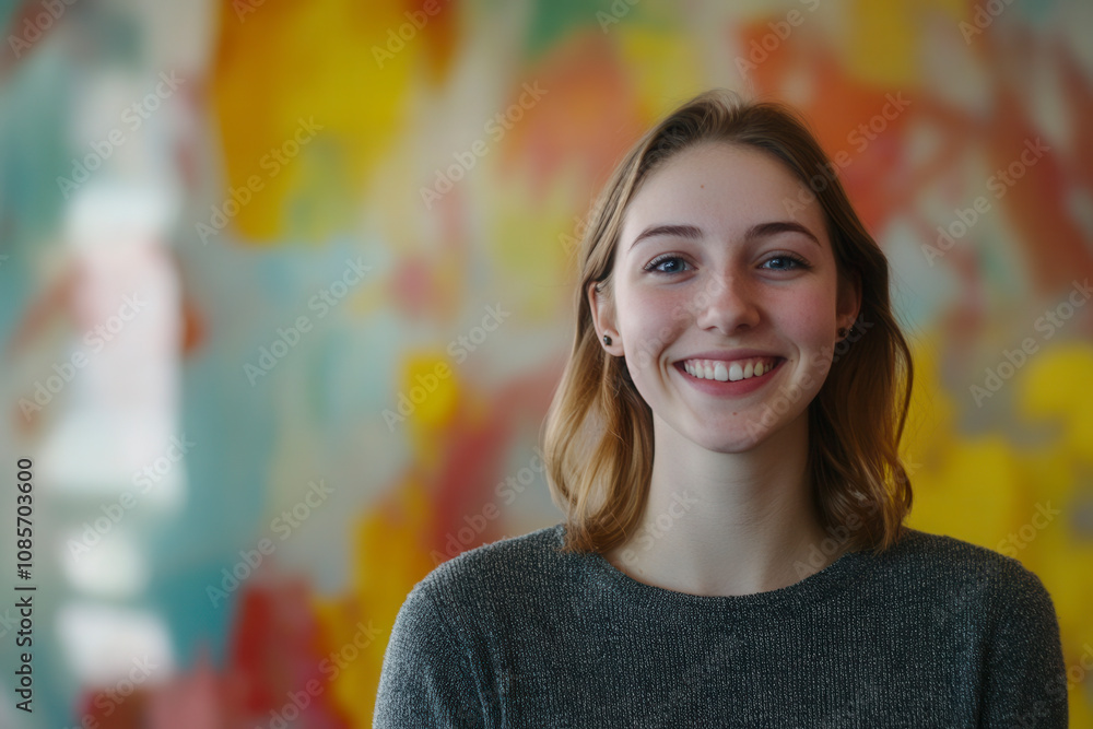 Young woman smiling in front of a colorful abstract mural during daytime showcasing bright hues and cheerful atmosphere Young woman smiling in front of a colorful abstract mural during daytime showcasing bright hues and cheerful atmosphere