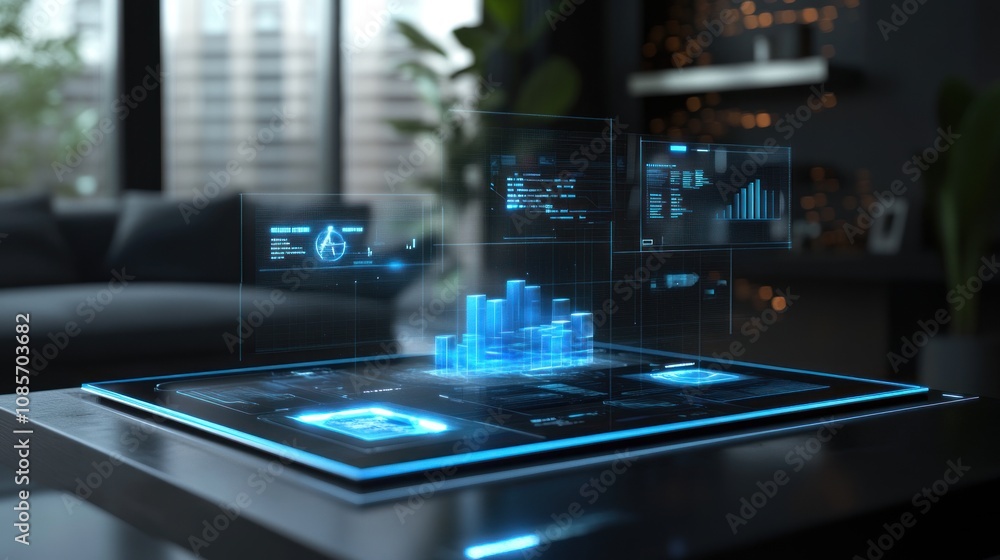 Futuristic holographic display with data visualizations and charts on a ...