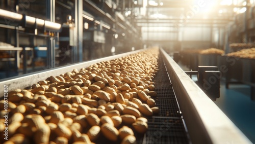 Long Conveyor Belt with Peanuts Being Processed, Bright Sunlight, Blurred Factory Background