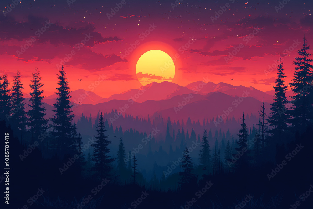 Majestic Sunset over Silhouetted Mountains and Evergreen Forest
