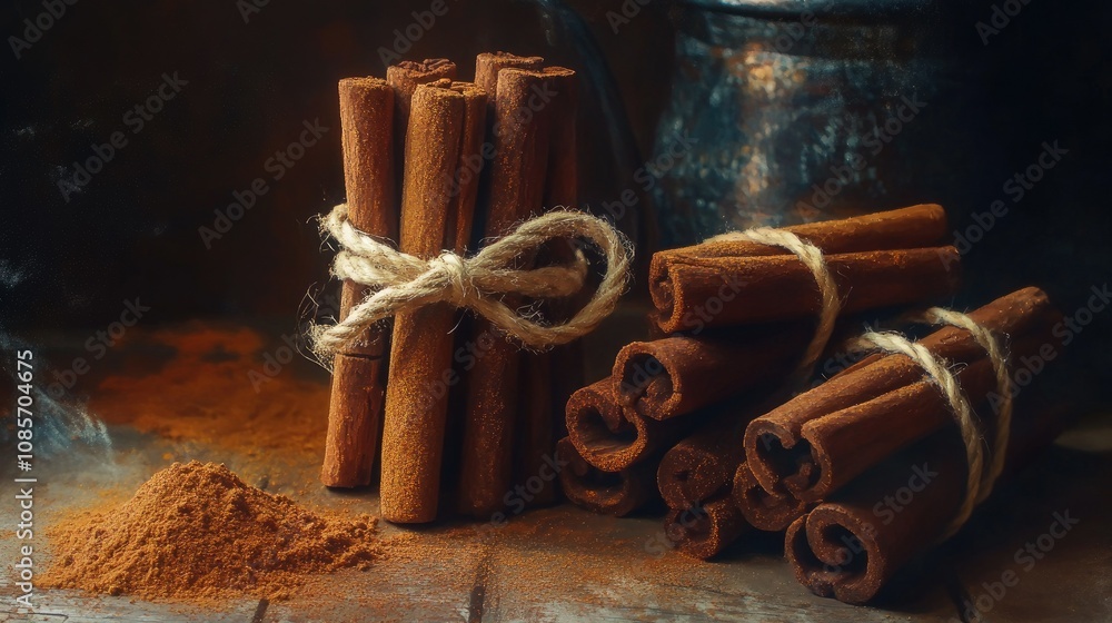 Aromatic Cinnamon Sticks Bundled with Twine on a Rustic Wooden Surface Surrounded by Cinnamon Powder and Vintage Teapot for a Cozy Kitchen Atmosphere Aromatic Cinnamon Sticks Bundled with Twine on a Rustic Wooden Surface Surrounded by Cinnamon Powder and Vintage Teapot for a Cozy Kitchen Atmosphere