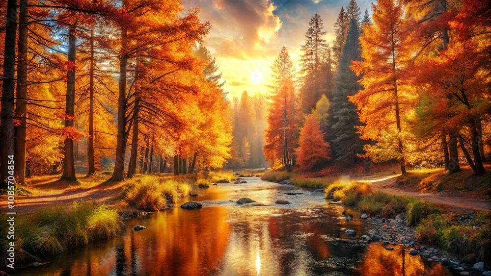 Obraz premium Golden Autumn River Scene Tranquil Water Reflecting Sunset Through Vibrant Fall Foliage