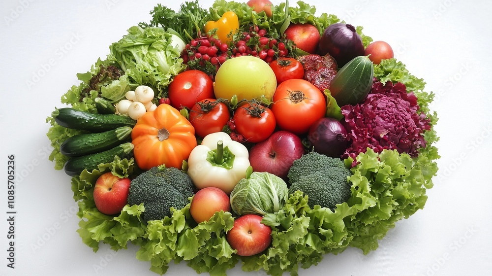 Close-up of vibrant fresh vegetables and fruits arranged in a perfect circular pattern on a white background. This composition represents a healthy metabolism concept, emphasizing organic nutrition Close-up of vibrant fresh vegetables and fruits arranged in a perfect circular pattern on a white background. This composition represents a healthy metabolism concept, emphasizing organic nutrition