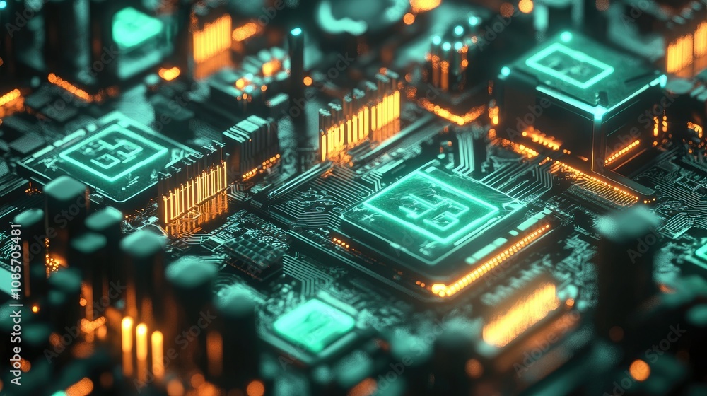 Fototapeta premium Abstract Close-Up of a Futuristic Circuit Board with Neon Lights, Microchips, and Complex Patterns in a Technological Environment