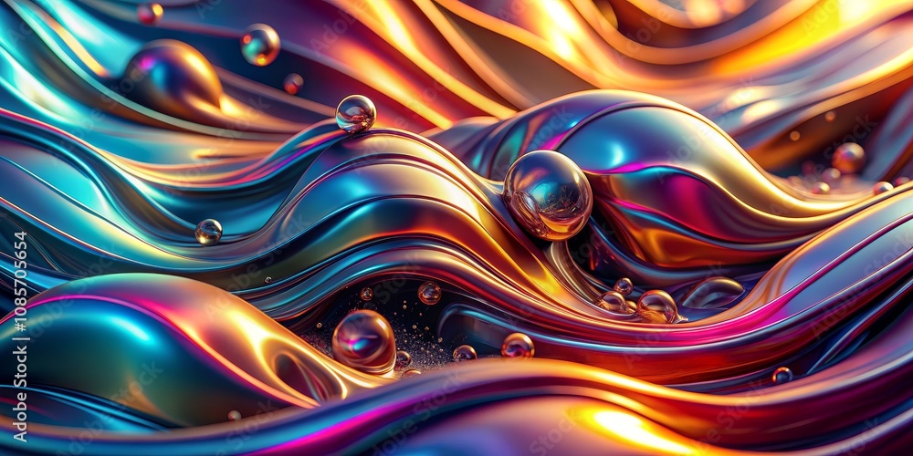 Abstract Metallic Waves with Glowing Spheres, 3D Render, Abstract Background, Digital Art, Sphere, Wave Abstract Metallic Waves with Glowing Spheres, 3D Render, Abstract Background, Digital Art, Sphere, Wave