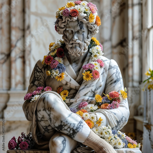an antique marble statue of a man covered with flowers, with a beard, wearing a robe and warm socks.