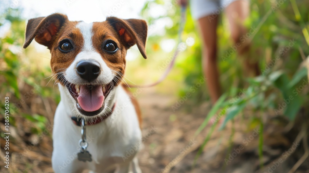 Dog with owner on nature trail, capturing the excitement of exploring new places on a pet-friendly vacation Dog with owner on nature trail, capturing the excitement of exploring new places on a pet-friendly vacation