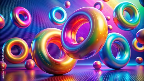 Abstract 3D Composition with Iridescent Torus and Spheres, neon, iridescent , 3d, render