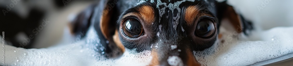 Sweet Dog with Big Curious Eyes and Foamy Paws During Bath Time Sweet Dog with Big Curious Eyes and Foamy Paws During Bath Time
