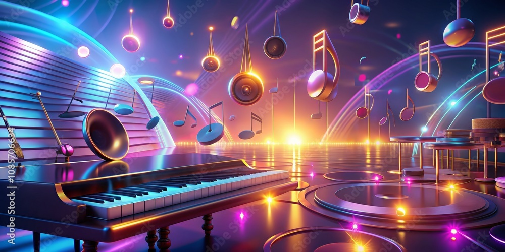 A Grand Piano in a Neon-Lit Musical Paradise, 3D Render, Digital Art, Neon Lights, Musical Instruments, Abstract Art A Grand Piano in a Neon-Lit Musical Paradise, 3D Render, Digital Art, Neon Lights, Musical Instruments, Abstract Art