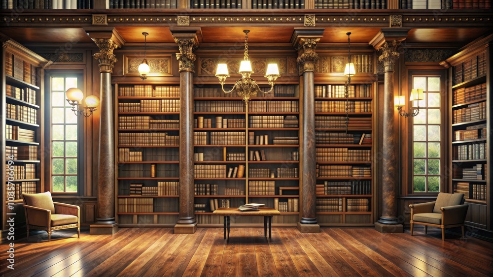 A Grand Library Interior, 3D Rendering, Bookshelves, Wooden Floor, Chandelier, Window, Library A Grand Library Interior, 3D Rendering, Bookshelves, Wooden Floor, Chandelier, Window, Library