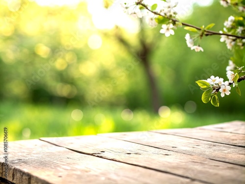 Empty Wooden Desk with Blurred Green Garden Background for Spring and Summer Product Display, Copy Space for Text, Ideal for Banners and Digital Greeting Cards Outdoors photo