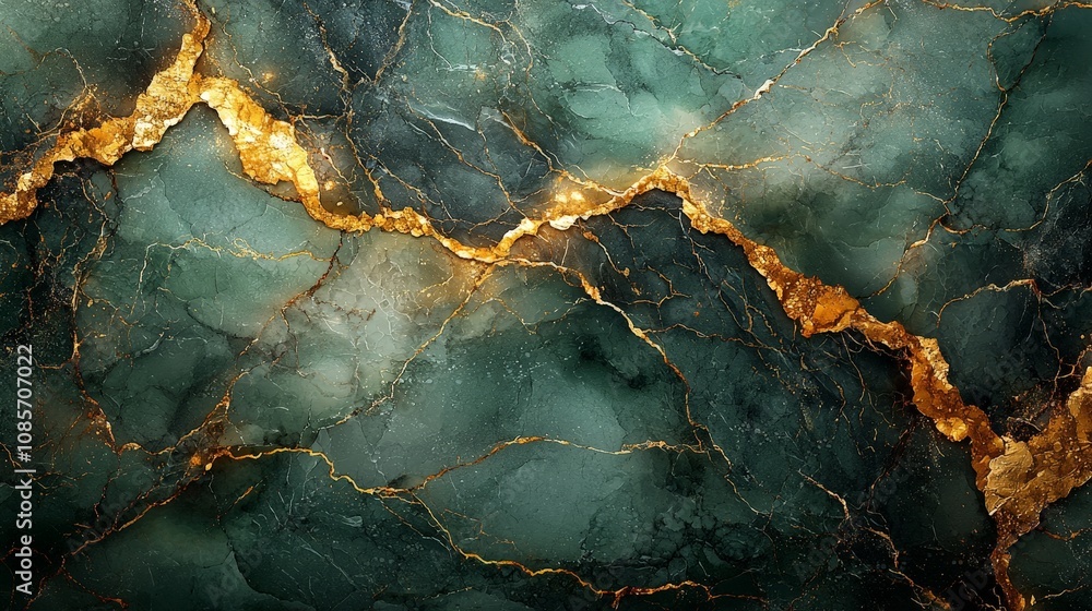 A close-up of green and gold marbled stone with intricate patterns and textures. A close-up of green and gold marbled stone with intricate patterns and textures.