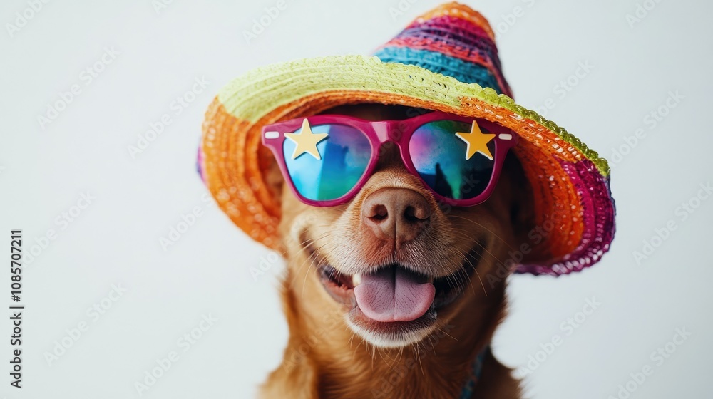 Obraz premium Happy Dog in Colorful Hat and Sunglasses with Bright Reflection on Glasses, Enjoying Summer Vibes, Playful and Cheerful Atmosphere for Fun Pet Photography