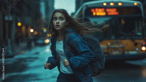 Teenage Girl Running on NYC Street at Night, Blue Jacket, Backpack, Cloudy Weather, Cinematic Style photo