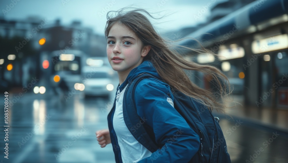 Teenage Girl Running on NYC Street at Night, Blue Jacket, Backpack, Cloudy Weather, Cinematic Style Teenage Girl Running on NYC Street at Night, Blue Jacket, Backpack, Cloudy Weather, Cinematic Style