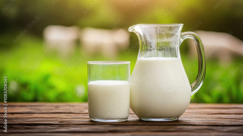 Glass and pitcher of milk on wooden table, with lush green field and grazing cows in background Glass and pitcher of milk on wooden table, with lush green field and grazing cows in background