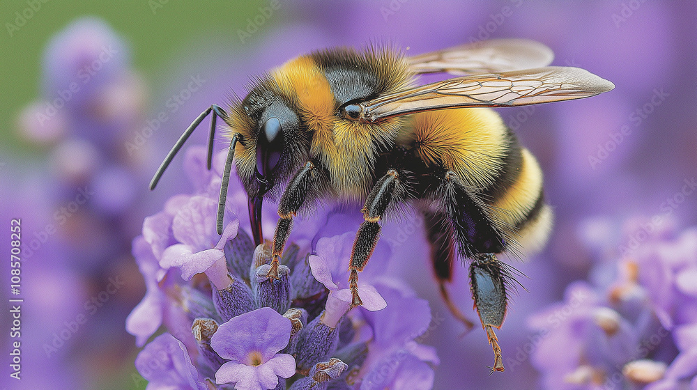 Bumblebee on Lavender: A vibrant bumblebee, its fuzzy body buzzing with life, delicately collects nectar from a cluster of lavender flowers. Bumblebee on Lavender: A vibrant bumblebee, its fuzzy body buzzing with life, delicately collects nectar from a cluster of lavender flowers.