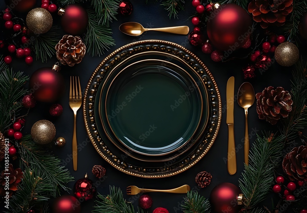 Elegant Christmas Table Setting with Dark Green Plates, Gold Cutlery, Red Ornaments, Pine Cones, and Festive Decorations for a Joyful Holiday Dinner Elegant Christmas Table Setting with Dark Green Plates, Gold Cutlery, Red Ornaments, Pine Cones, and Festive Decorations for a Joyful Holiday Dinner