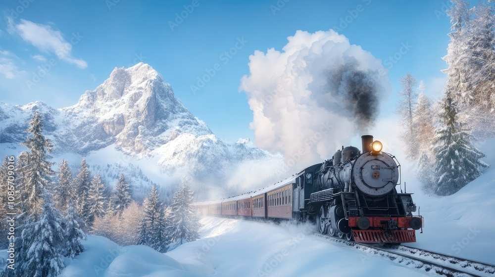 Obraz premium Majestic Vintage Steam Train Journeying Through a Snow-Covered Winter Landscape Surrounded by Tall Mountains and Frosty Pine Trees