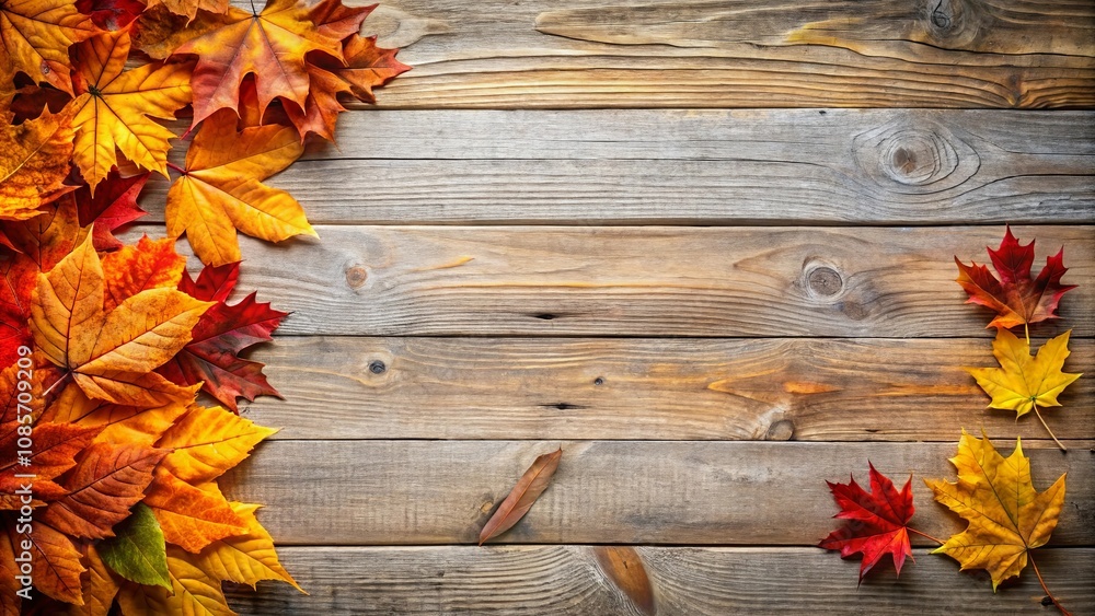 Fototapeta premium Rustic Wooden Background with Vibrant Autumn Leaves Arranged for Seasonal Design
