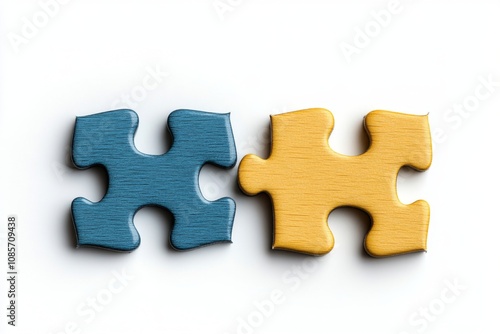 "Connecting Blue and Yellow Puzzle Pieces: Symbolism of Unity, Collaboration, and Problem Solving in Modern Stock Photography