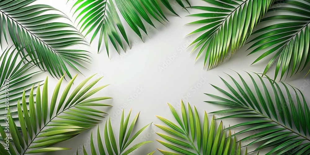 Lush Green Palm Fronds Arranged in a Symmetrical Pattern on a Light Background, Creating a Natural Frame for Text or Images Lush Green Palm Fronds Arranged in a Symmetrical Pattern on a Light Background, Creating a Natural Frame for Text or Images