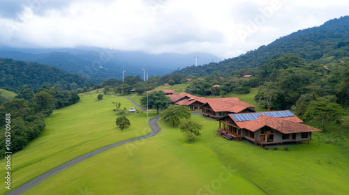Aerial view of eco friendly houses in lush green landscape, surrounded by mountains and wind turbines, showcasing sustainable living