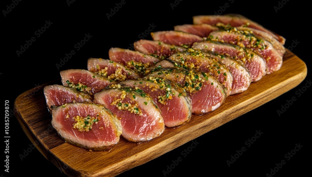 Elegant marinated seared tuna slices on wooden board with wasabi sauce for fresh flavor. Tuna dish presentation. Elegant marinated seared tuna slices on wooden board with wasabi sauce for fresh flavor. Tuna dish presentation.