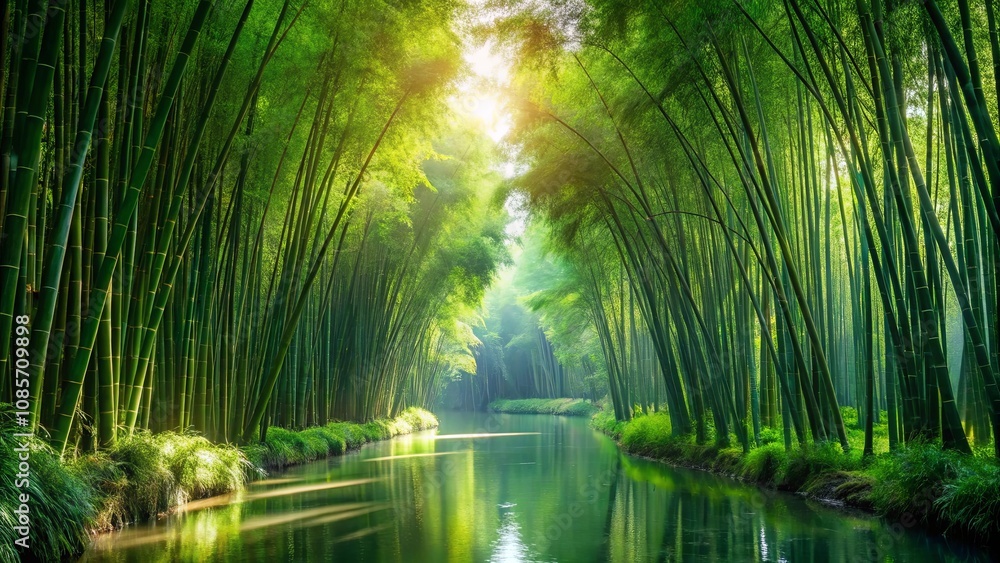 Fototapeta premium Serene waterway meandering through a lush bamboo forest bathed in sunlight
