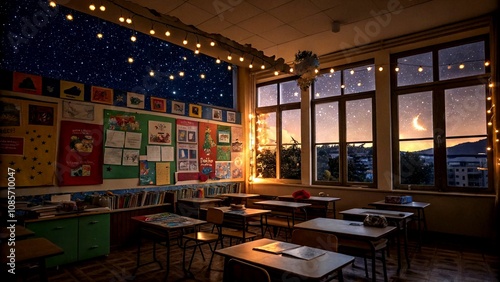 Enchanting Night Photography of a Primary School Classroom with Starry Windows and Soft Learning Lights Creating a Cozy Educational Atmosphere for Young Minds