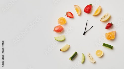 Close-up of vibrant fresh vegetables and fruits arranged in a perfect circular pattern on a white background. This composition represents a healthy metabolism concept, emphasizing organic nutrition