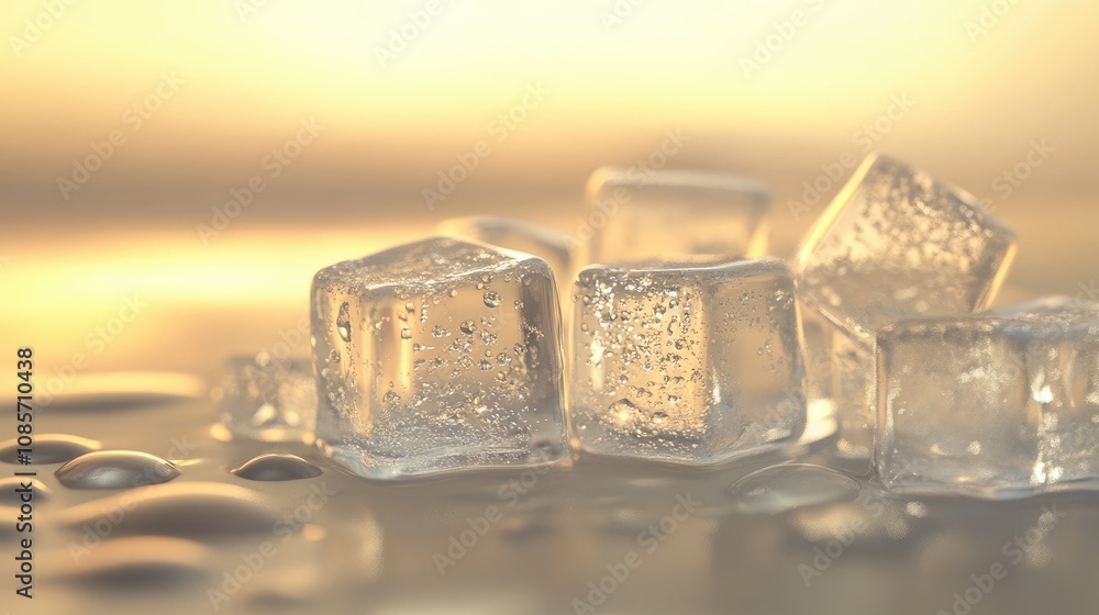 Clear ice cubes on a reflective surface with soft golden background creating a warm, inviting atmosphere perfect for summer beverages and refreshing drinks. Clear ice cubes on a reflective surface with soft golden background creating a warm, inviting atmosphere perfect for summer beverages and refreshing drinks.