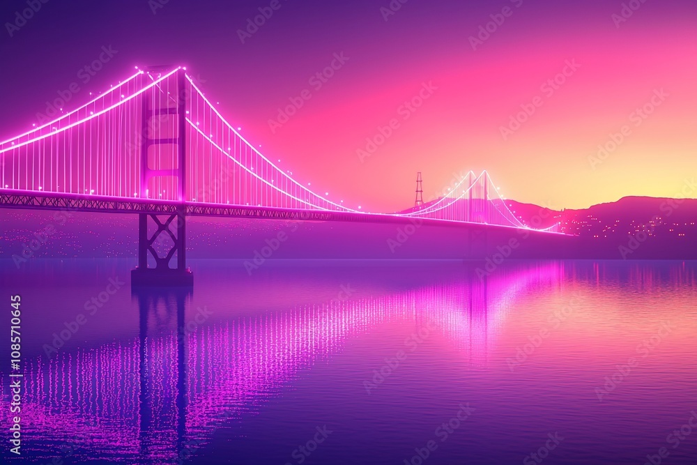 Fototapeta premium Vibrant Sunset Reflection of a Bridge in Shades of Pink and Purple