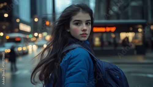 Teenage Girl in Blue Jacket Running on Street with City Lights, Long Hair Blowing Behind Her at Bus Stop