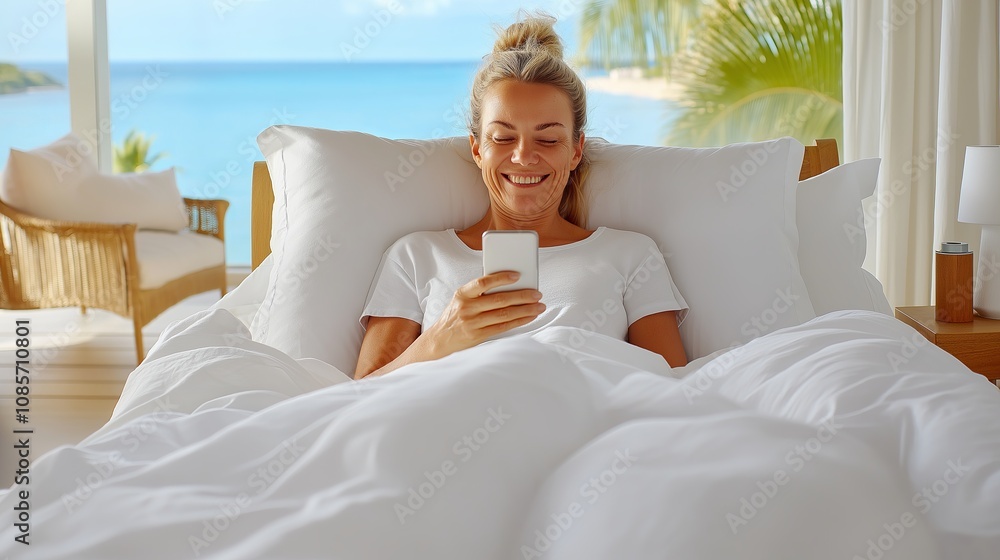 Relaxed woman enjoying smartphone in beachfront bed with ocean view Relaxed woman enjoying smartphone in beachfront bed with ocean view