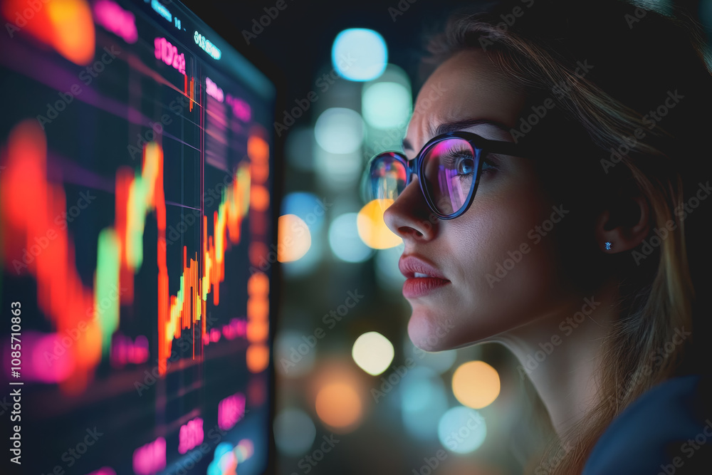 Businessperson Analyzing Stock Market Fluctuations with Concerned Expression in Urban Evening Environment Businessperson Analyzing Stock Market Fluctuations with Concerned Expression in Urban Evening Environment