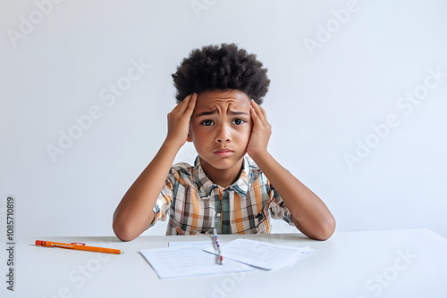 Stressed young boy sits at a desk with papers, holding his head.