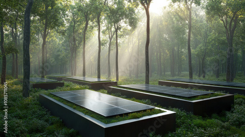 serene forest scene featuring solar panels integrated into nature, surrounded by lush greenery and soft sunlight filtering through trees, creating peaceful atmosphere