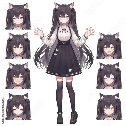 Anime girl vtuber model in skirt with long hair and cat ears with different expressions on white background